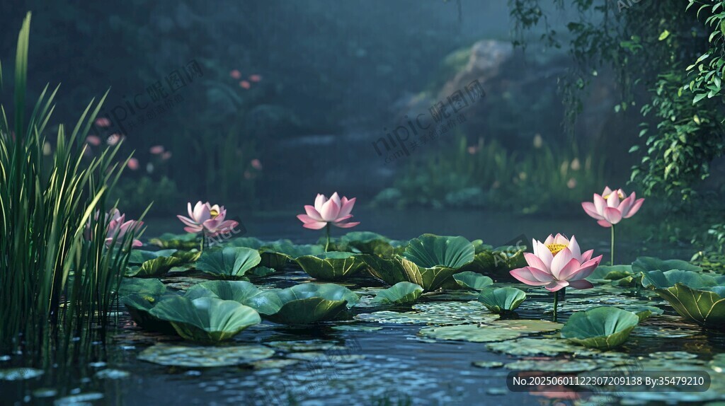 夢(mèng)幻荷塘中的粉色睡蓮綻放