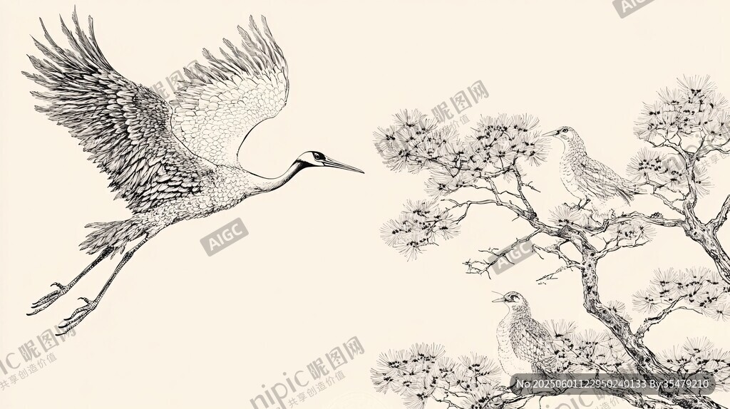 鶴翔松枝間