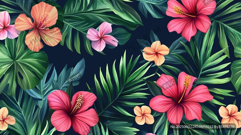 熱帶花卉與綠葉背景圖案