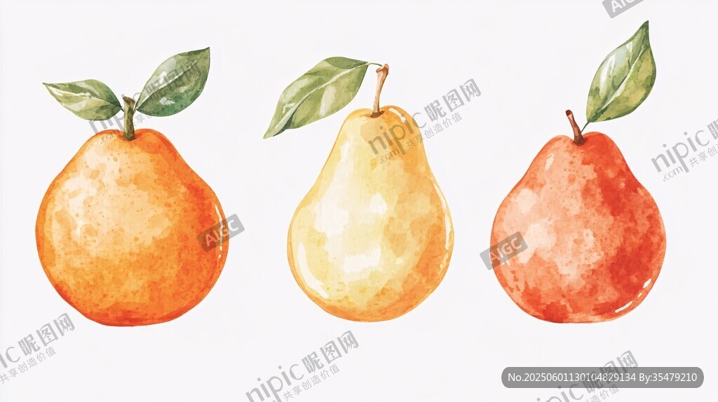 水彩繪柑橘梨水果插畫
