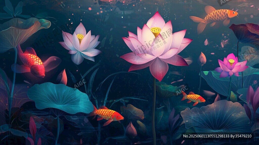 夢(mèng)幻水下荷花錦鯉共舞圖
