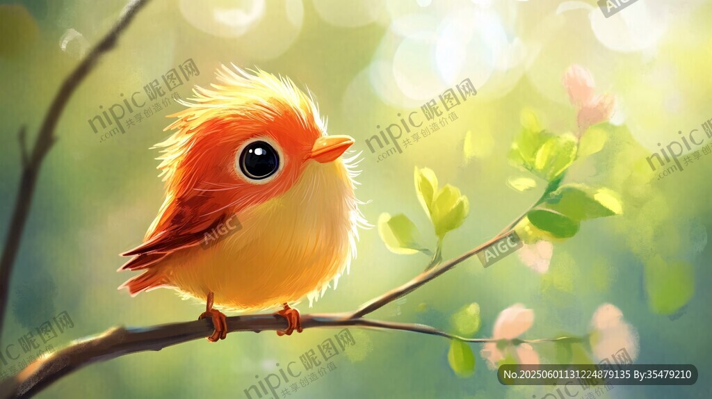 可愛小鳥棲于嫩綠枝丫間