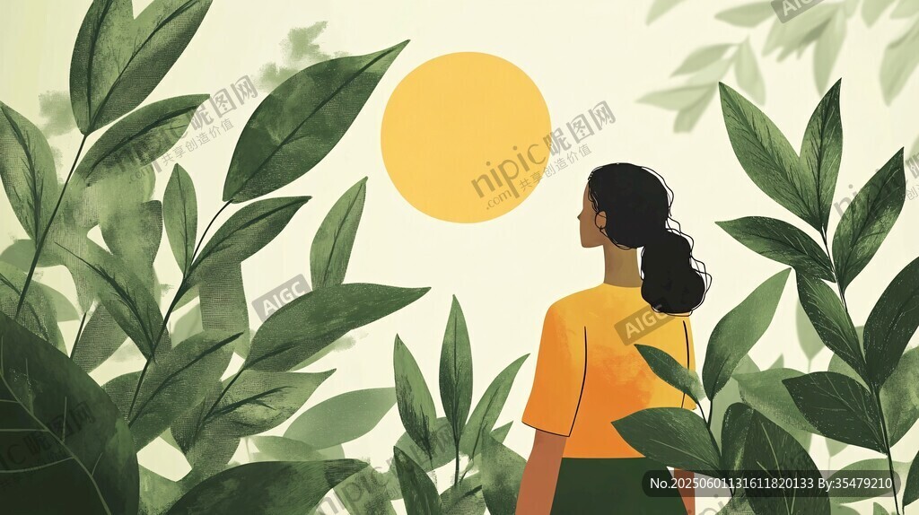 女子于綠植間望向暖陽