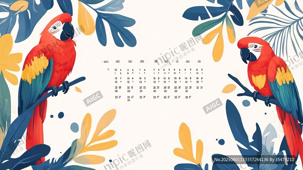 鸚鵡花卉裝飾月歷畫面