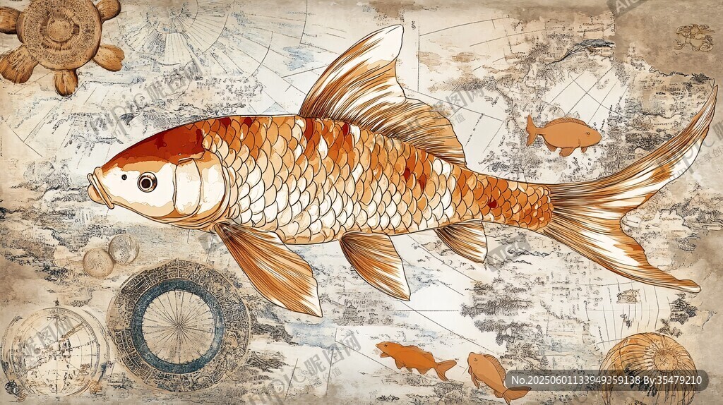 復(fù)古風(fēng)錦鯉航海圖插畫