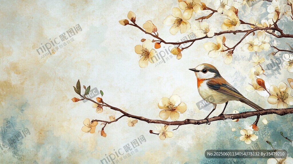 春日枝頭小鳥與繁花