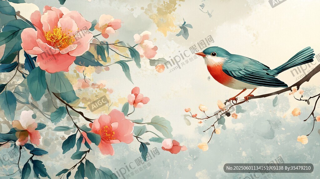 枝頭棲鳥伴繁花