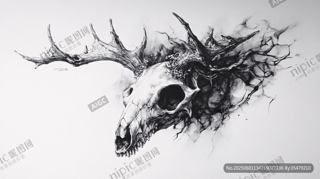 鹿頭骨藝術插畫 線條獨特