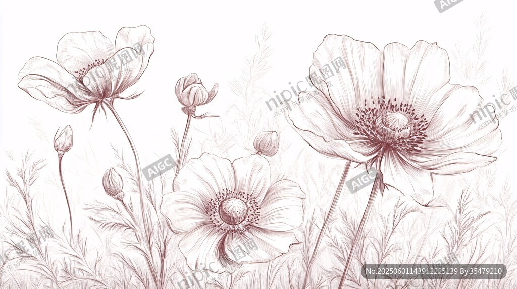手繪淡雅銀蓮花插畫