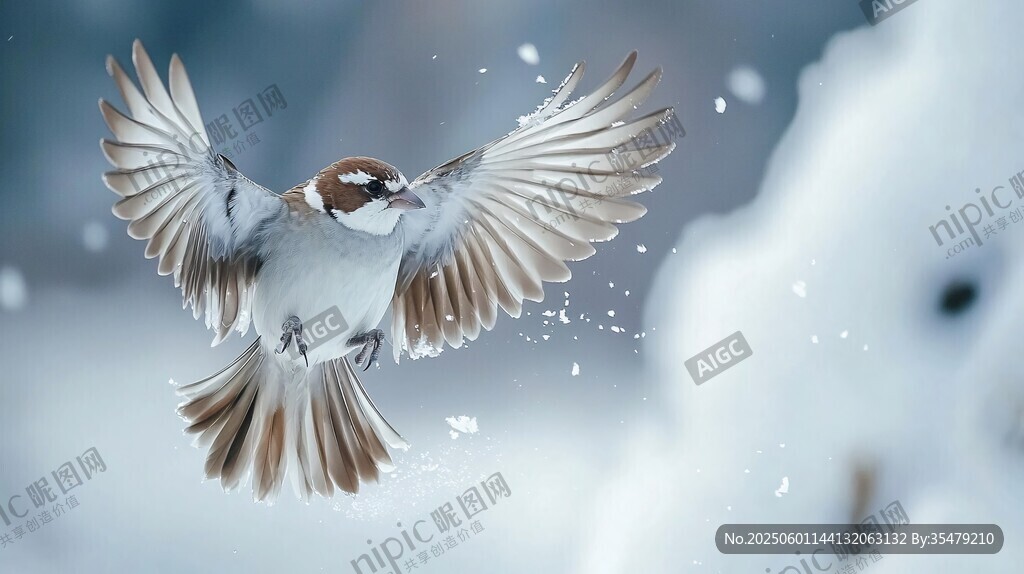雪中飛鳥展翅瞬間