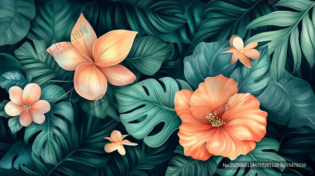 熱帶花卉與綠葉圖案背景