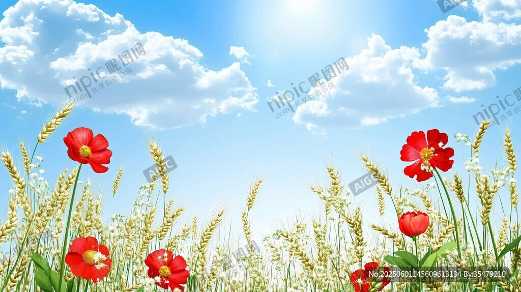 陽光下的花海與麥浪