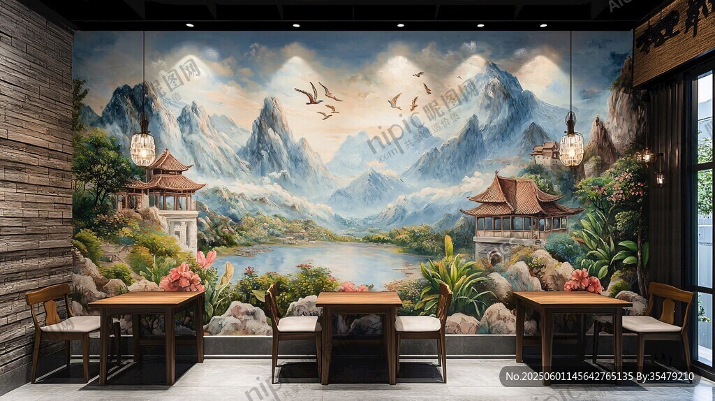 中式山水壁畫裝飾的餐廳