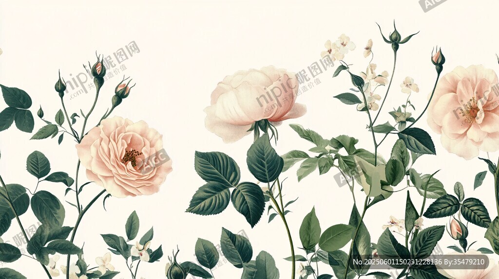 淡粉玫瑰綠葉花卉插畫
