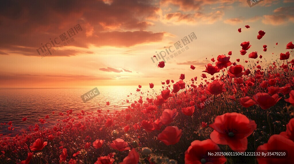 夕陽下的紅色花海美景