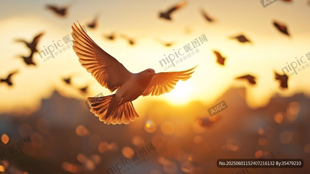 夕陽下群鴿展翅飛翔