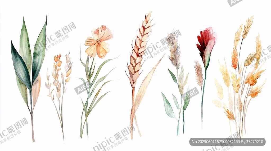 手繪花卉麥穗組合插畫