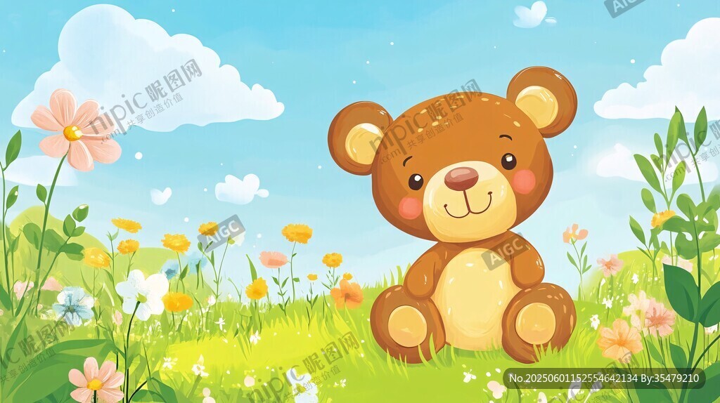 小熊坐于爛漫花叢中