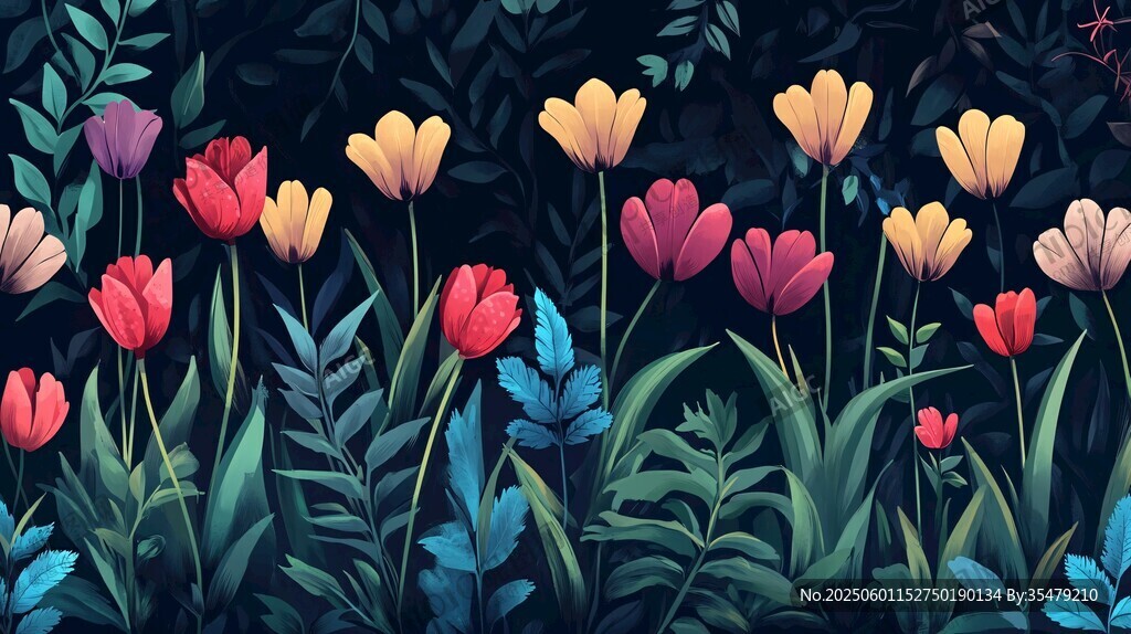 暗夜郁金香花卉插畫