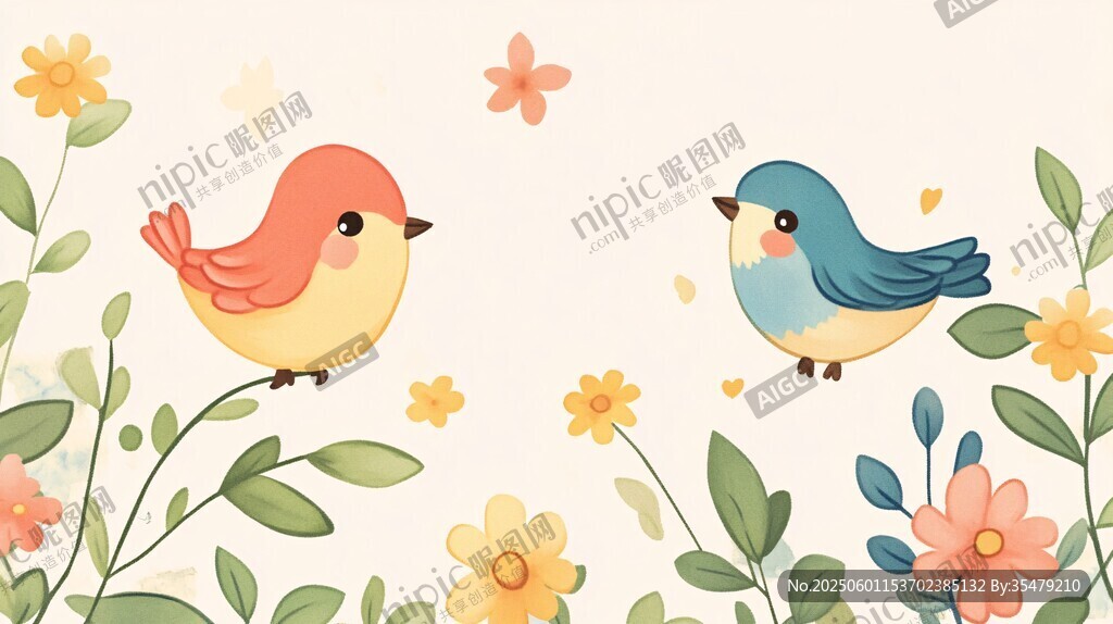 兩只小鳥(niǎo)棲于繁花綠葉間