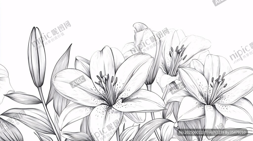 手繪百合花黑白線稿圖