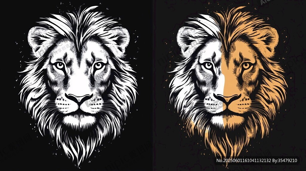 雙風格獅子頭像插畫