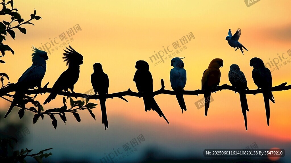夕陽下枝頭的多彩鸚鵡群