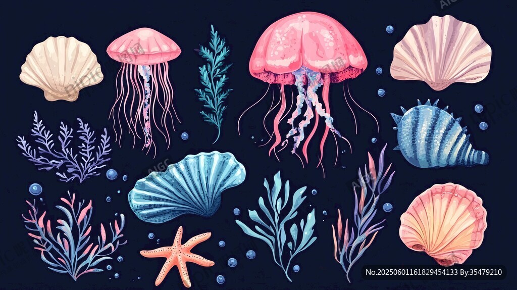 海洋生物貝殼水彩插畫