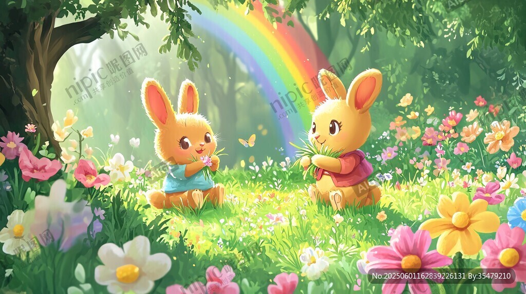 彩虹下的可愛兔子與繁花