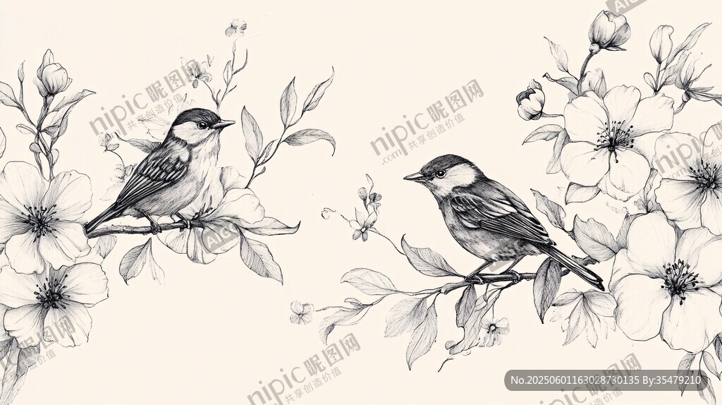 花鳥黑白插畫 雙鳥棲花枝