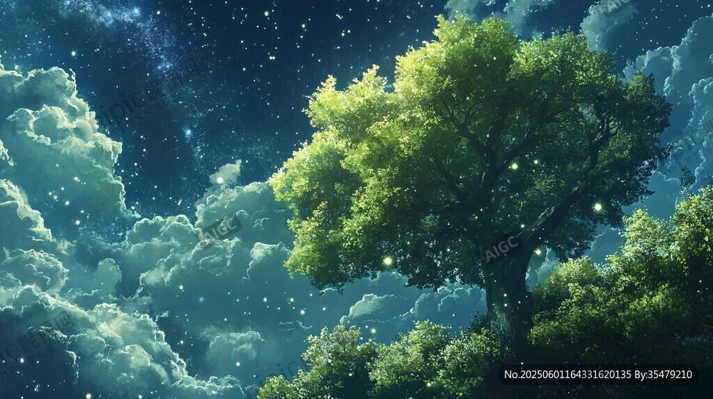 夢幻夜空下的蔥郁大樹