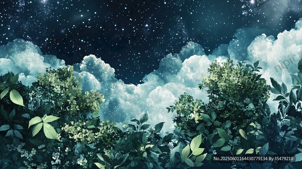 夢(mèng)幻夜空下的繁茂綠植