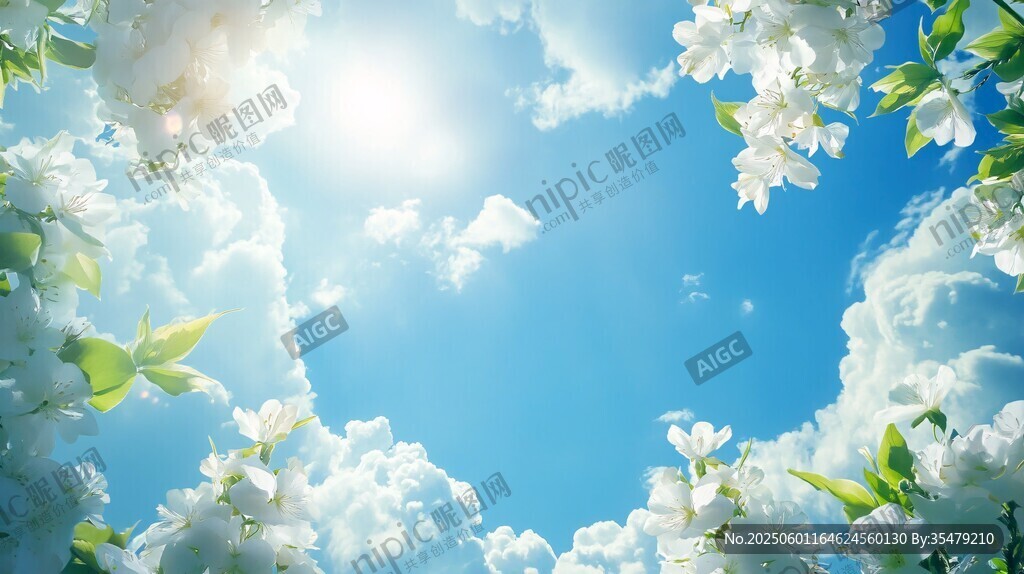 藍天白云下的爛漫繁花
