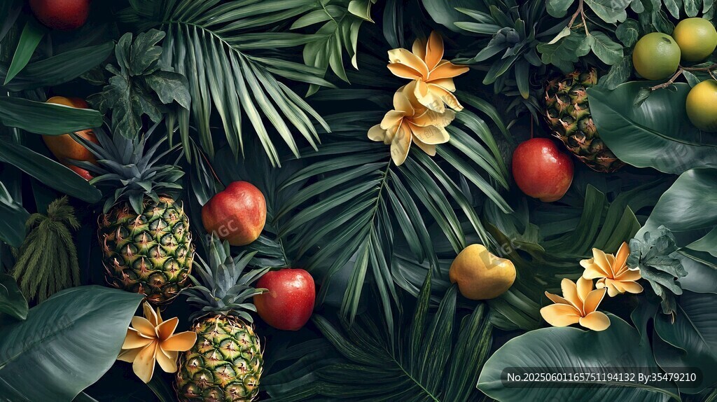 熱帶水果與綠植花卉圖景