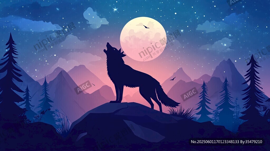 月夜孤狼山林嚎叫景象