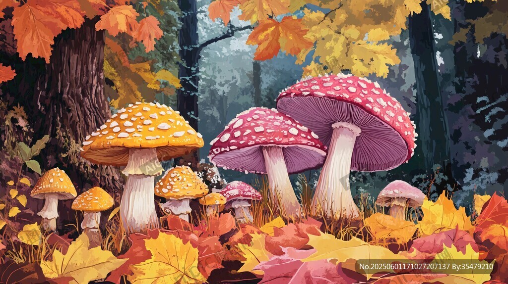 夢幻秋日森林中的蘑菇景觀