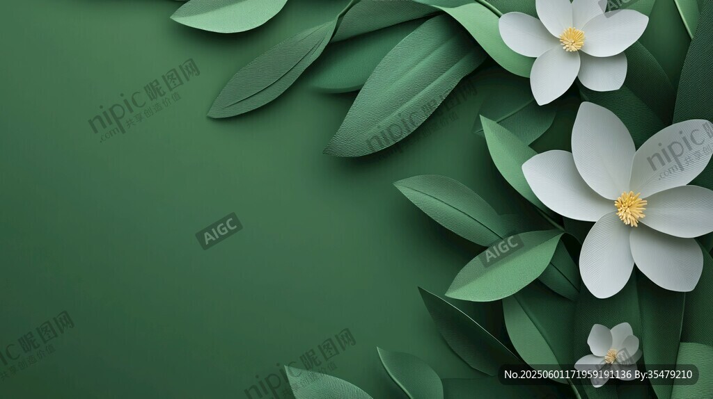 綠葉白花背景圖