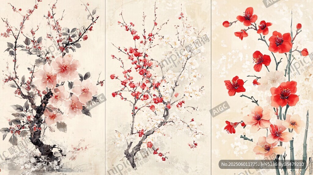 三聯(lián)花卉水墨畫藝術(shù)作品
