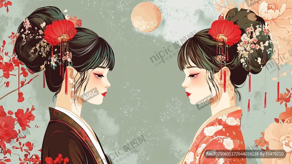 古風雙姝對影賞明月
