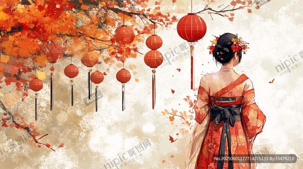 秋日漢服佳人賞紅燈