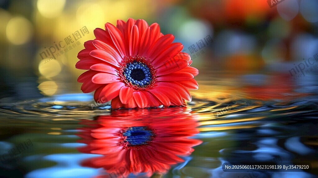 水中綻放的艷麗紅色雛菊