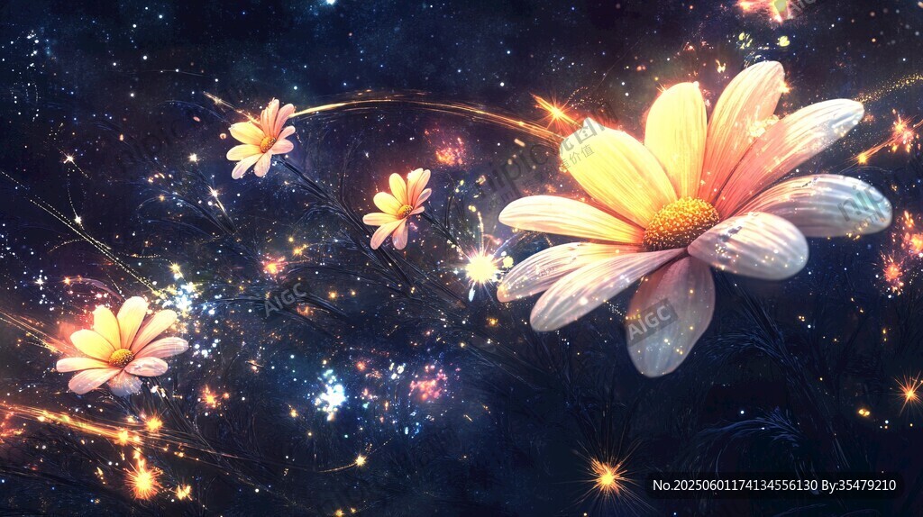 夢幻星空下的絢爛花朵