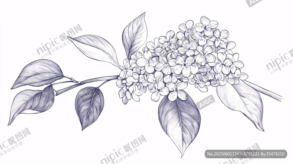 手繪繡球花枝插畫