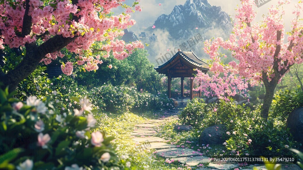 春日繁花中的古風(fēng)涼亭