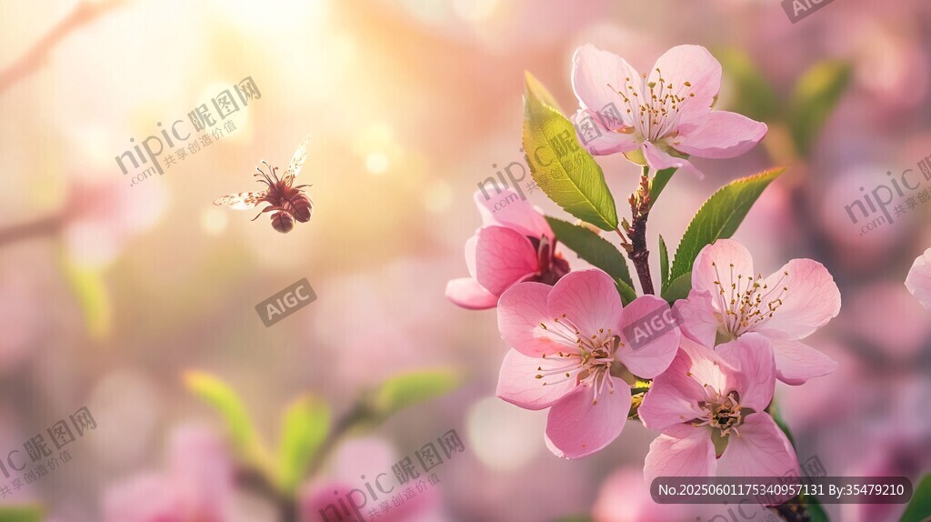春日繁花間的蜜蜂飛舞