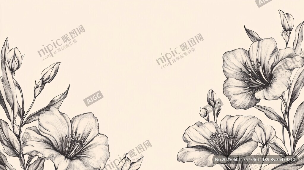 花卉黑白線描邊框圖案