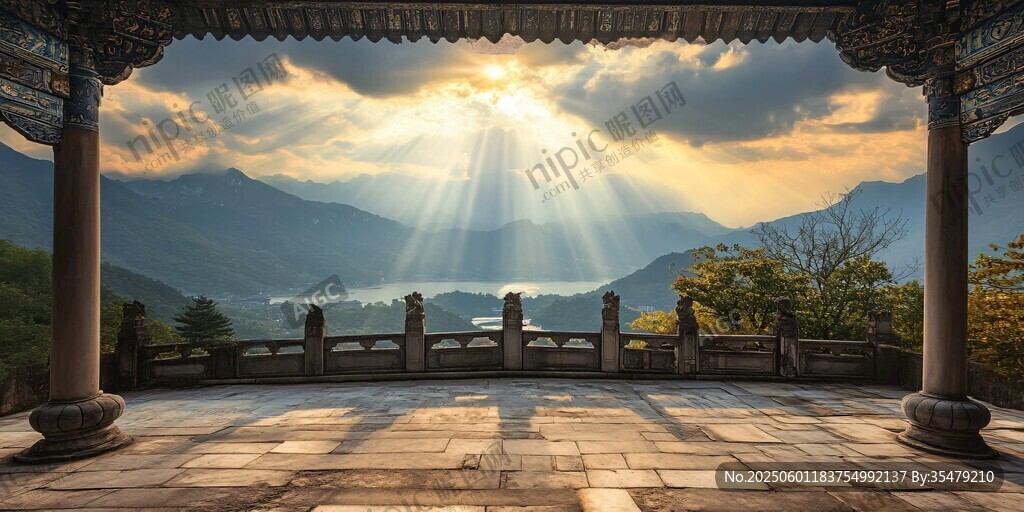 古亭望山處 霞光映美景