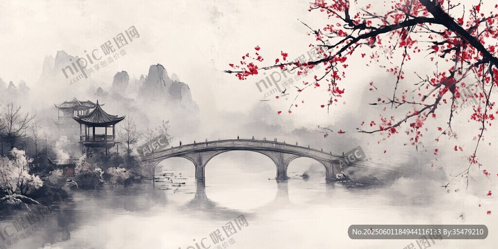 水墨江南橋畔春色