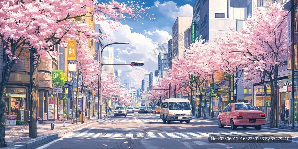 春日櫻花爛漫的城市街道