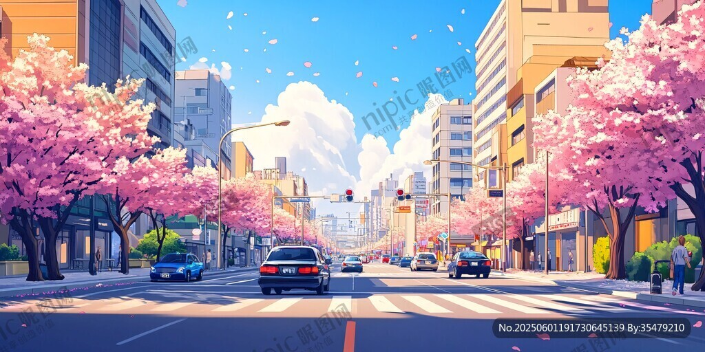 櫻花爛漫的城市街道風景